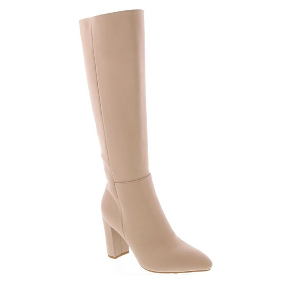 New Nude Point Toe Knee High Chunky Heel Boots - Picture 3 of 5